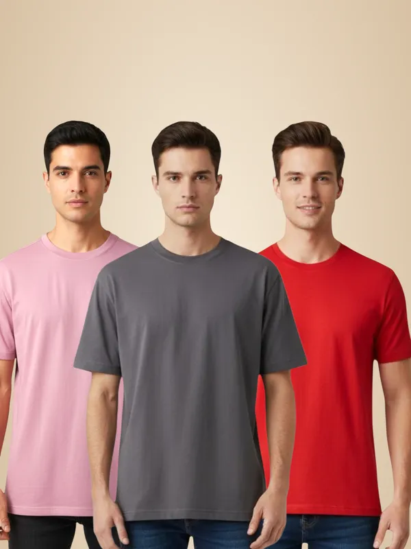 Pink,_Grey_And_Red_Casual_Solid_T_Shirt_Pack_Of_3_For_Men