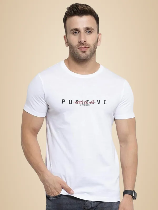 White_Poly_Cotton_T_Shirt_Casual_Round_Neck_Graphic_Print_For_Men