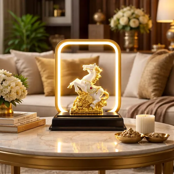 Coin_Horse_Statue_Feng_Shui_Vastu_Decorative_Showpiece_Good_Luck_Wealth_Positive_Energy_Home_Office_Decor_Gift_Classy_Flassy_White_Gold_Frame_Horse