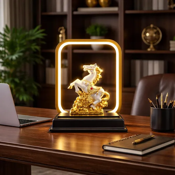 Coin_Horse_Statue_Feng_Shui_Vastu_Decorative_Showpiece_Good_Luck_Wealth_Positive_Energy_Home_Office_Decor_Gift_Classy_Flassy_White_Gold_Frame_Horse