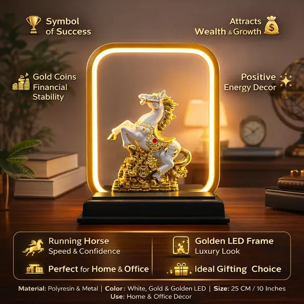 Coin_Horse_Statue_Feng_Shui_Vastu_Decorative_Showpiece_Good_Luck_Wealth_Positive_Energy_Home_Office_Decor_Gift_Classy_Flassy_White_Gold_Frame_Horse