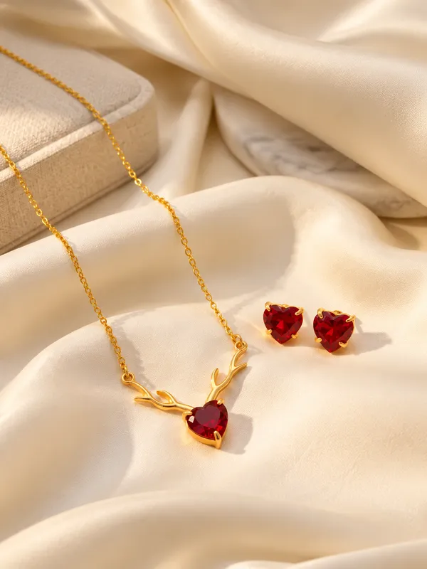 Heart_Pendant_With_Earrings_Ruby_Red_Colour_Brass_Neck_Piece_For_Women