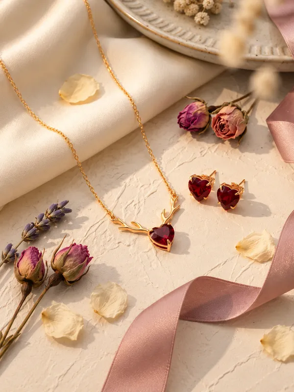 Heart_Pendant_With_Earrings_Ruby_Red_Colour_Brass_Neck_Piece_For_Women