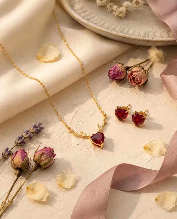 Heart_Pendant_With_Earrings_Ruby_Red_Colour_Brass_Neck_Piece_For_Women