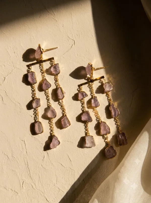 Rose_Quartz_Rough_Stone_Waterfall_Brass_Earring_For_Women