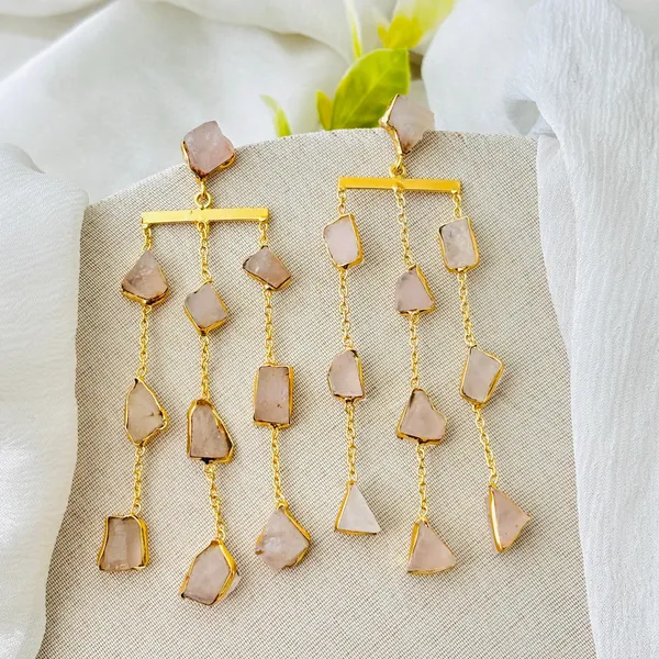 Rose_Quartz_Rough_Stone_Waterfall_Brass_Earring_For_Women