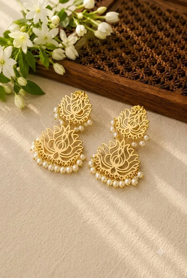 2_Lotus_Golden_Colour_Brass_Earring_For_Women