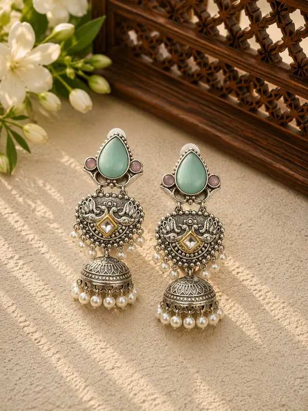 Gajmoti_Sea_Green_Pink_Colour_Brass_Earring_For_Women