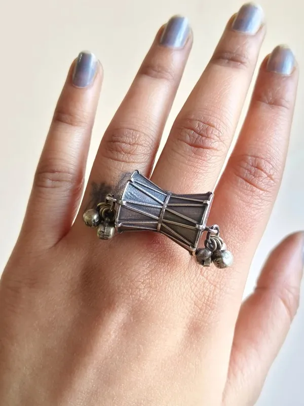 Damru_Statment_Silver_Colour_Brass_Ring_For_Women