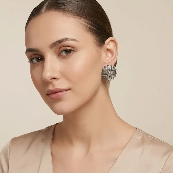 Spiral_Mandala_Stud_Silver_Colour_Brass_Earring_For_Women