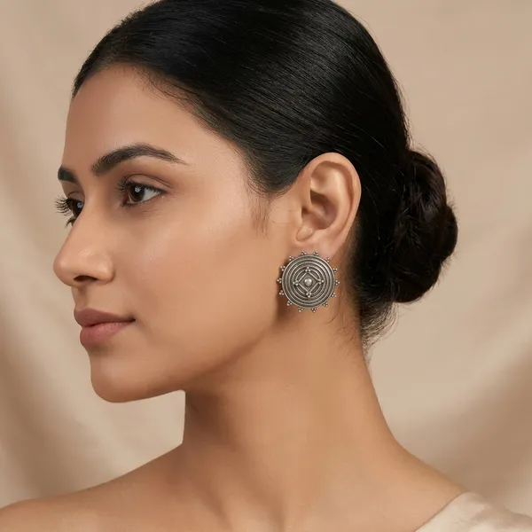 Spiral_Mandala_Stud_Silver_Colour_Brass_Earring_For_Women
