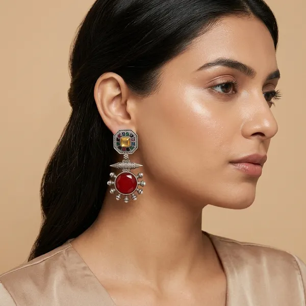 Inaya_Stone_Drop_Red_Colour_Brass_Earring_For_Women