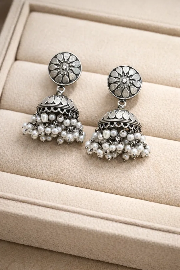 Pearl_Bloom_Jhumkas_Silver_Colour_Brass_Earring_For_Women