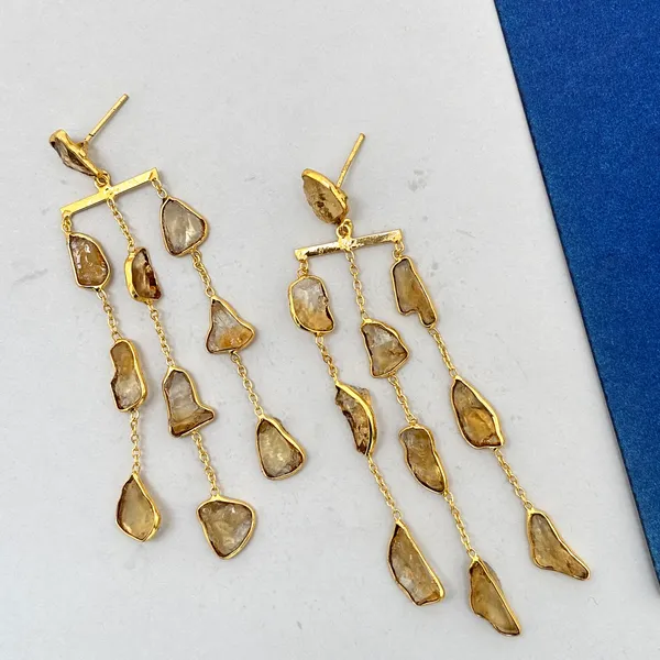Citrine_Rough_Stone_Waterfall_Brass_Earring_For_Women