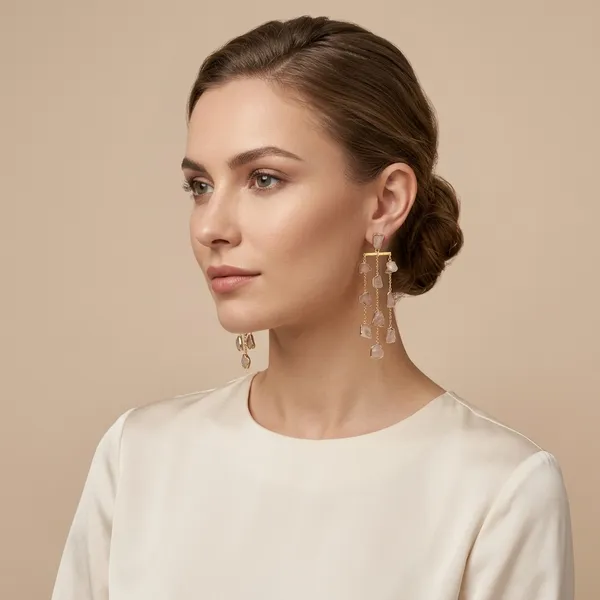 Rose_Quartz_Rough_Stone_Waterfall_Brass_Earring_For_Women