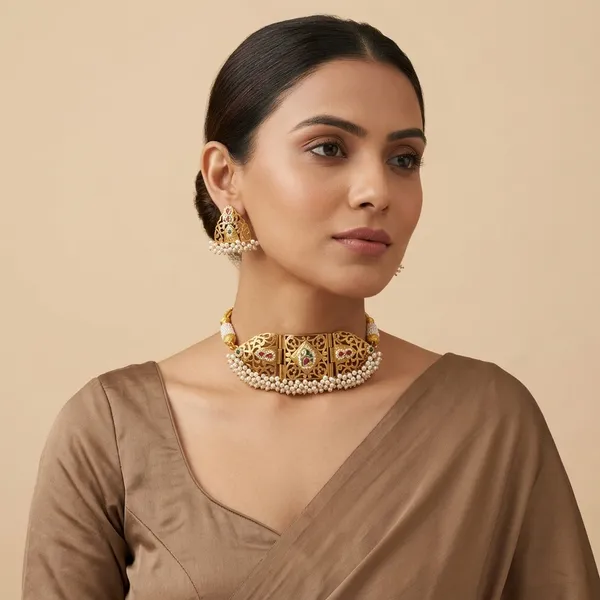 Sanaavi_Necklace_Golden_Colour_Brass_Necklace_With_Earrings_For_Women