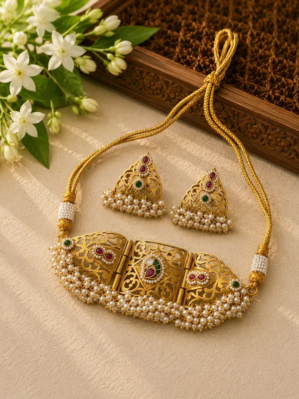 Sanaavi_Necklace_Golden_Colour_Brass_Necklace_With_Earrings_For_Women