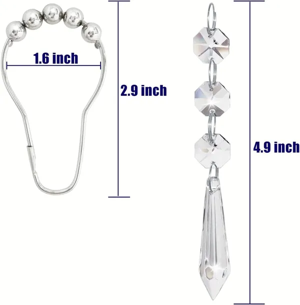 CRYSTA_WORLD_12_Pcs_Silver_Shower_Curtain_Hooks_with_Diamond_Crystal_Bead,Shower_Curtain_Hooks_Rings_for_Bathroom,Free_Gliding_Action,_Elegant_Design