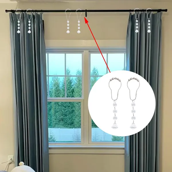 CRYSTA_WORLD_12_Pcs_Silver_Shower_Curtain_Hooks_with_Diamond_Crystal_Bead,Shower_Curtain_Hooks_Rings_for_Bathroom,Free_Gliding_Action,_Elegant_Design