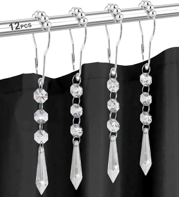 CRYSTA_WORLD_12_Pcs_Silver_Shower_Curtain_Hooks_with_Diamond_Crystal_Bead,Shower_Curtain_Hooks_Rings_for_Bathroom,Free_Gliding_Action,_Elegant_Design