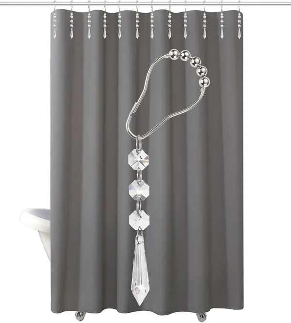 CRYSTA_WORLD_12_Pcs_Silver_Shower_Curtain_Hooks_with_Diamond_Crystal_Bead,Shower_Curtain_Hooks_Rings_for_Bathroom,Free_Gliding_Action,_Elegant_Design