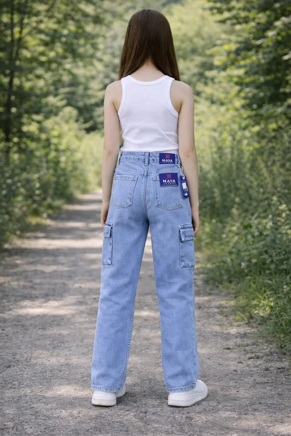 Blue_High_Waist_Cargo_Denim_Jeans_With_Side_Pockets_For_Girls_age_7_to_16