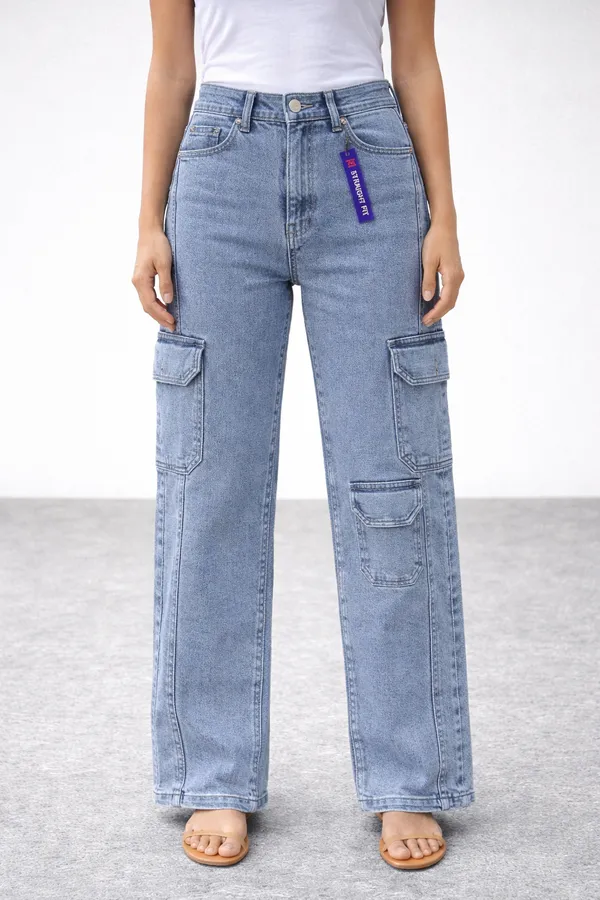 Blue_High_Waisted_Cargo_Jeans_For_Women