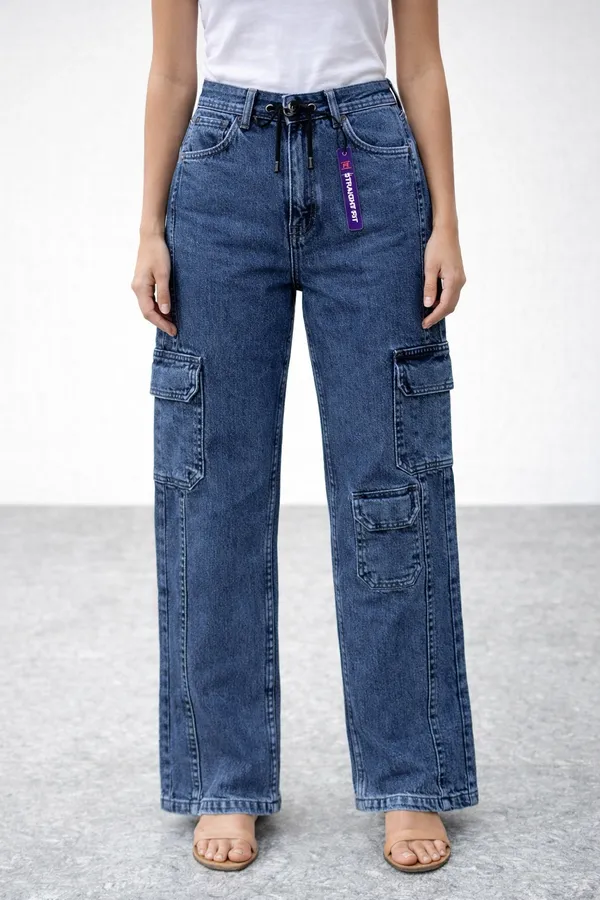 Blue_High_Waisted_Cargo_Denim_Jeans_With_Purple_Label_For_Women