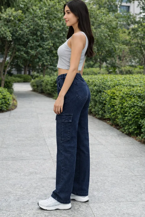 Blue_Cargo_Denim_Jeans_With_Elastic_Waist_For_Women