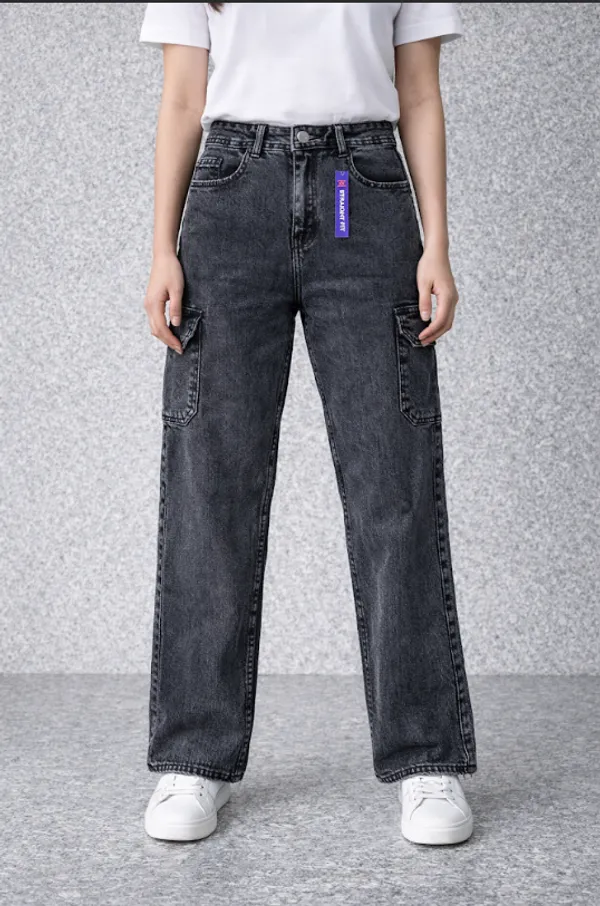 Grey_Charcoal_Cargo_Jeans_With_Purple_Brand_Patch_For_Women