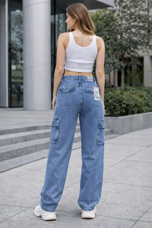Ice_blue_High_Waisted_Wide_Leg_Cargo_Jeans_For_Women