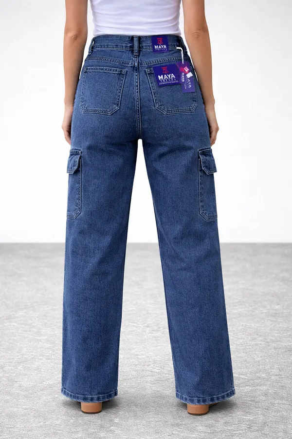 Blue_High_Waisted_Cargo_Denim_Jeans_With_Purple_Label_For_Women