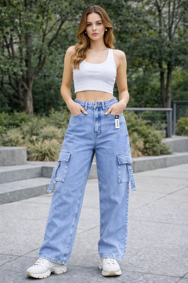 Blue_High_Waisted_Wide_Leg_Cargo_Jeans_For_Women