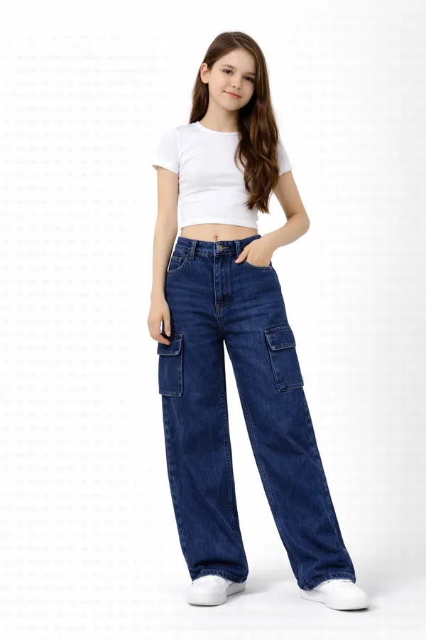 Blue_Wide_Leg_Cargo_Jeans_With_Pockets_For_Girls__age_7_to_16