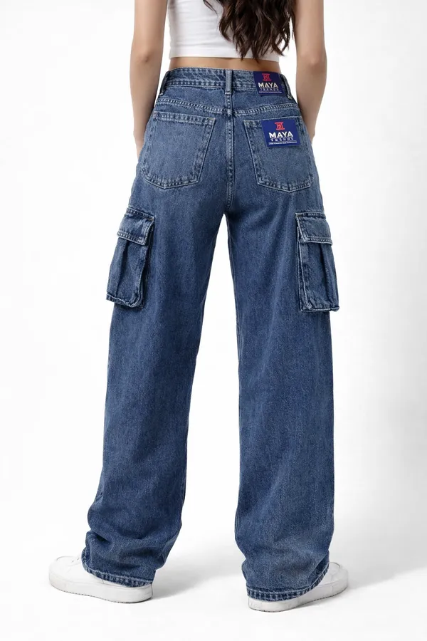 Blue_Relaxed_Fit_Denim_Cargo_Jeans_With_Flap_Pockets_For_Women