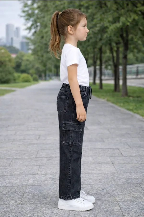 Black_Denim_Cargo_Pants_With_Elastic_Waist_For_Girls__age_7_to_16