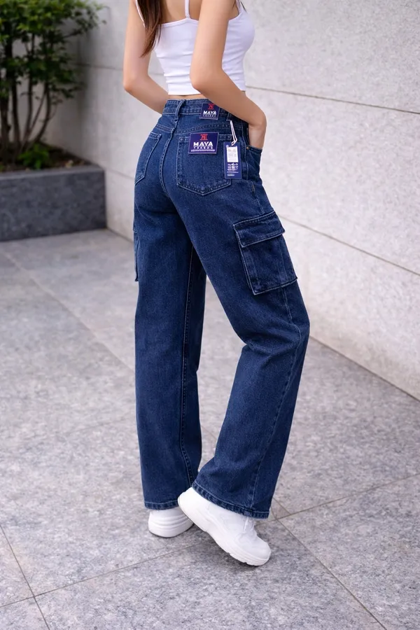 Blue_High_Waisted_Wide_Leg_Cargo_Jeans_For_Women