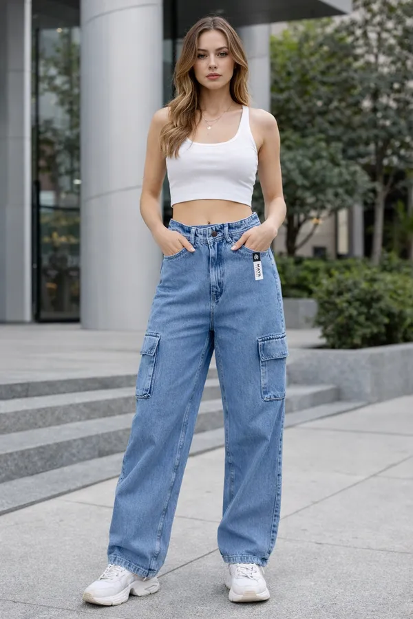 Ice_blue_High_Waisted_Wide_Leg_Cargo_Jeans_For_Women