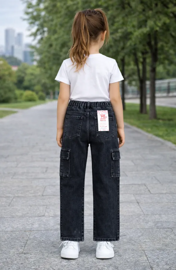 Black_Denim_Cargo_Pants_With_Elastic_Waist_For_Girls__age_7_to_16
