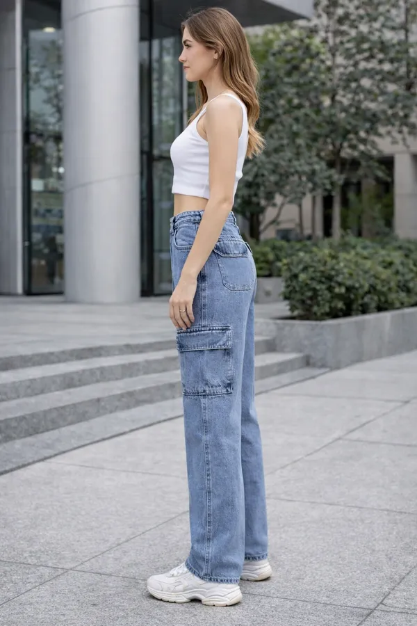 Ice_blue_High_Waisted_Wide_Leg_Cargo_Jeans_For_Women