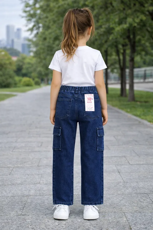 Blue_Denim_Cargo_Pants_With_Elastic_Waist_And_Drawstring_For_Girls_age_7_to_16