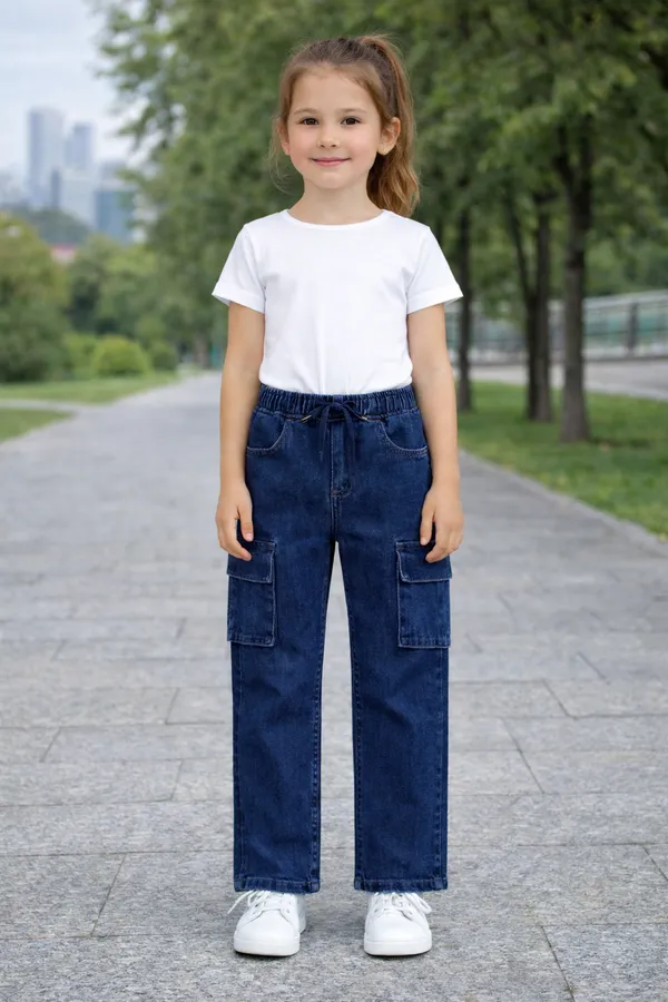 Blue_Denim_Cargo_Pants_With_Elastic_Waist_And_Drawstring_For_Girls_age_7_to_16