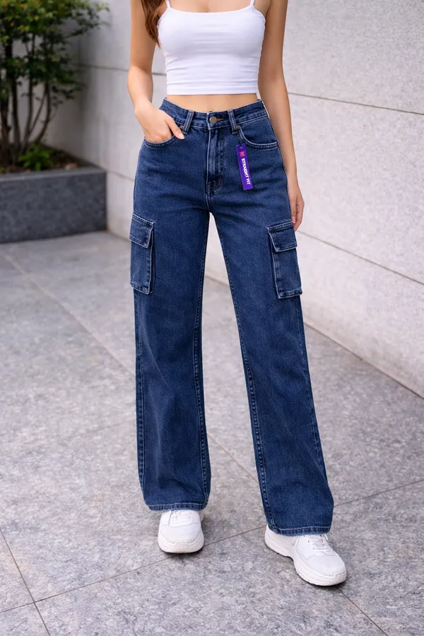 Blue_High_Waisted_Wide_Leg_Cargo_Jeans_For_Women