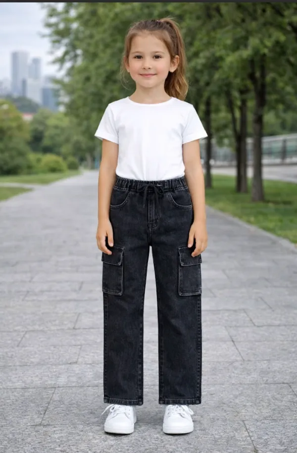 Black_Denim_Cargo_Pants_With_Elastic_Waist_For_Girls__age_7_to_16
