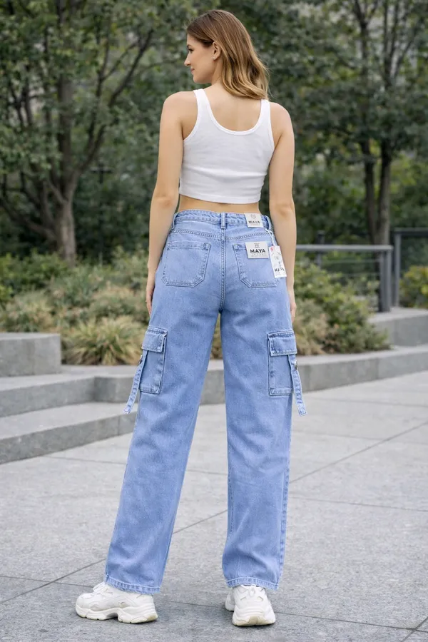 Blue_High_Waisted_Wide_Leg_Cargo_Jeans_For_Women