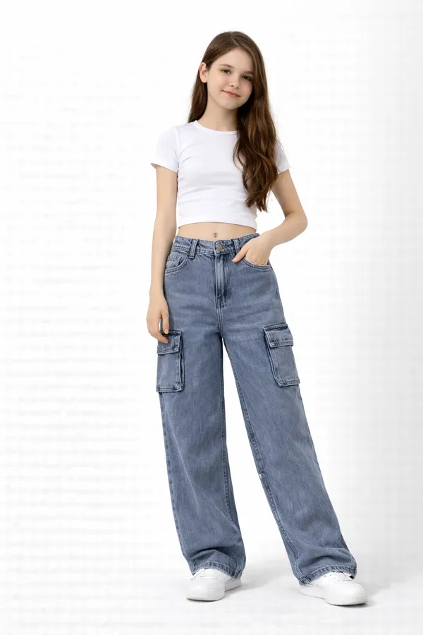 Blue_High_Waisted_Wide_Leg_Cargo_Denim_Jeans_With_Side_Pockets_For_girls__Girls_age_7_to_16