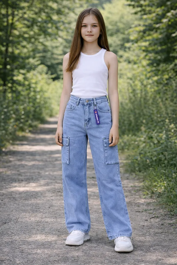 Blue_High_Waist_Cargo_Denim_Jeans_With_Side_Pockets_For_Girls_age_7_to_16