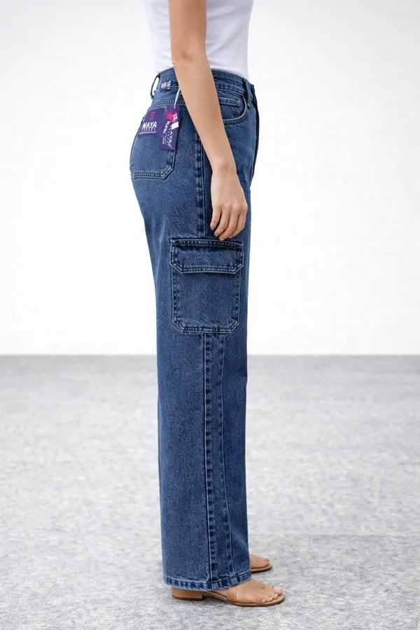 Blue_High_Waisted_Cargo_Denim_Jeans_With_Purple_Label_For_Women