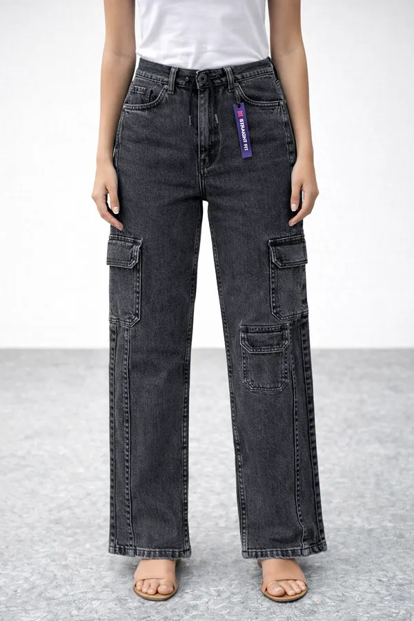 black_High_Waisted_Cargo_Denim_Jeans_With_Multiple_Pockets_Dark_Acid_Wash_For_Women