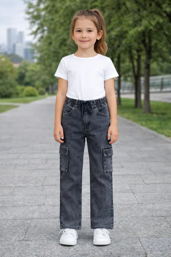 Black_Cargo_Denim_Jeans_Washed_With_Elastic_Waist_For_Girls__age_7_to_16